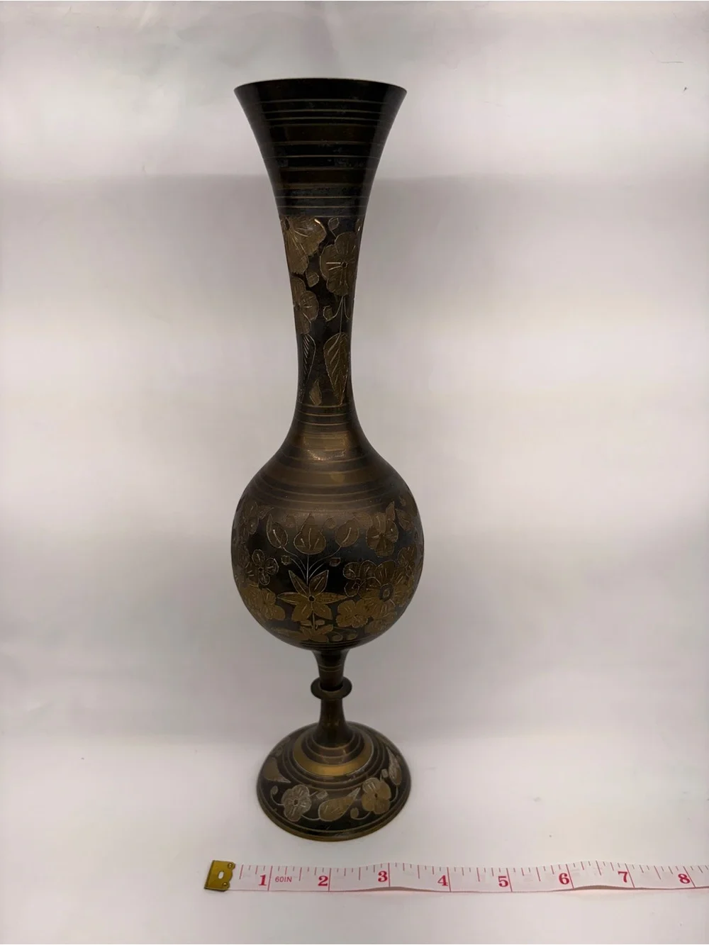 Vintage Hand-Etched Brass Vase 9” | Black Two-Tone Floral Engraved Boho
